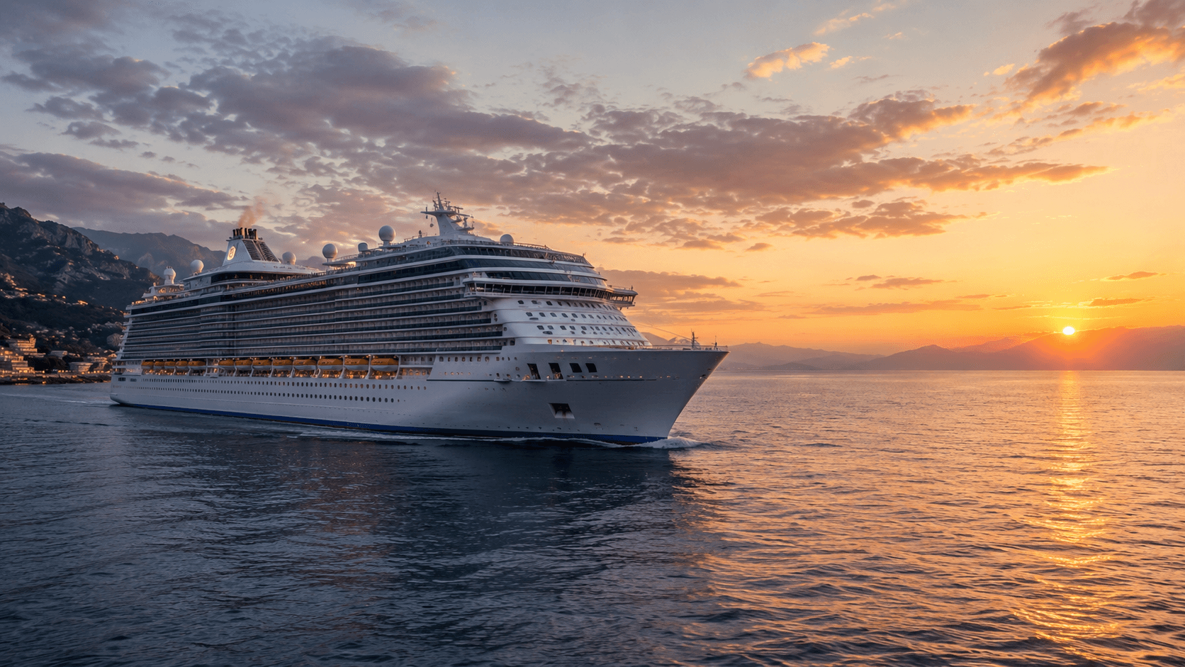 Luxury cruise ship sailing at sunset
